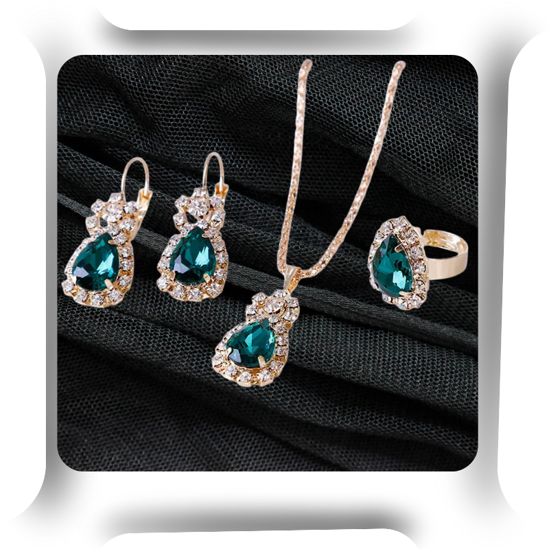 Emerald Green Designer Stone Necklace Earring & Ring Set for Women – Bridal & Party Wear Jewellery Collection