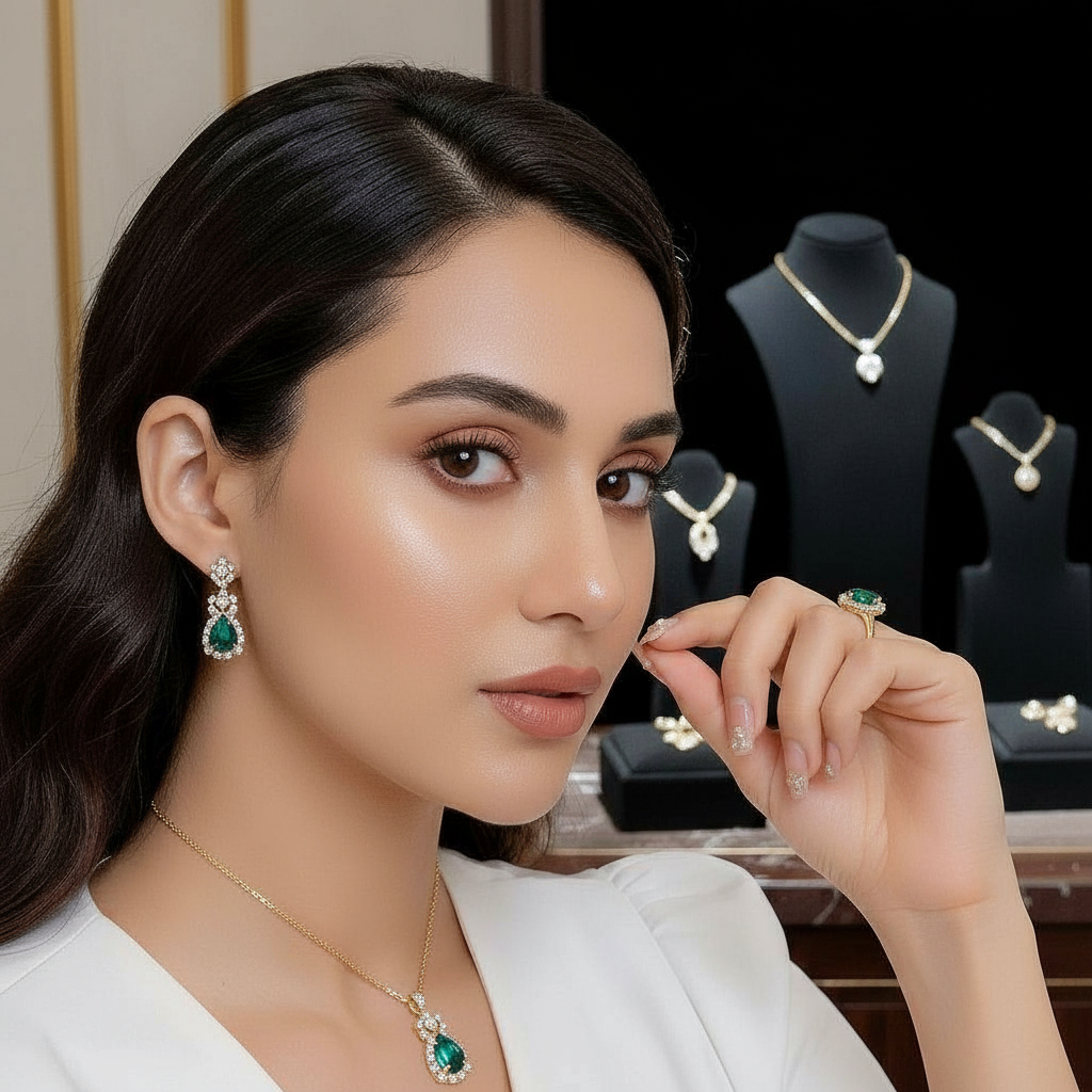 Emerald Green Designer Stone Necklace Earring & Ring Set for Women – Bridal & Party Wear Jewellery Collection