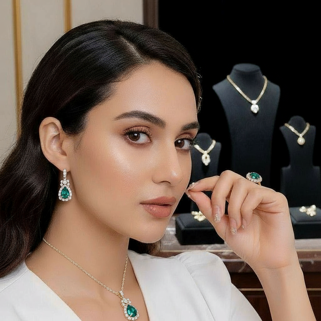 Emerald Green Designer Stone Necklace Earring & Ring Set for Women – Bridal & Party Wear Jewellery Collection