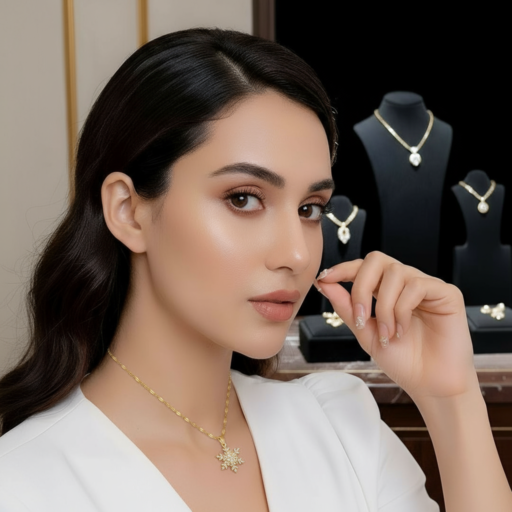 Non-Tarnish Gold Snowflake Pendant Necklace for Women – Sparkling Diamond-Cut Fashion Jewellery