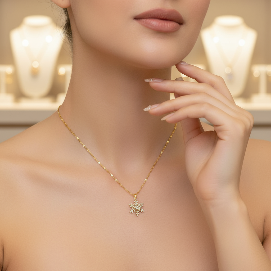 Non-Tarnish Gold Snowflake Pendant Necklace for Women – Sparkling Diamond-Cut Fashion Jewellery