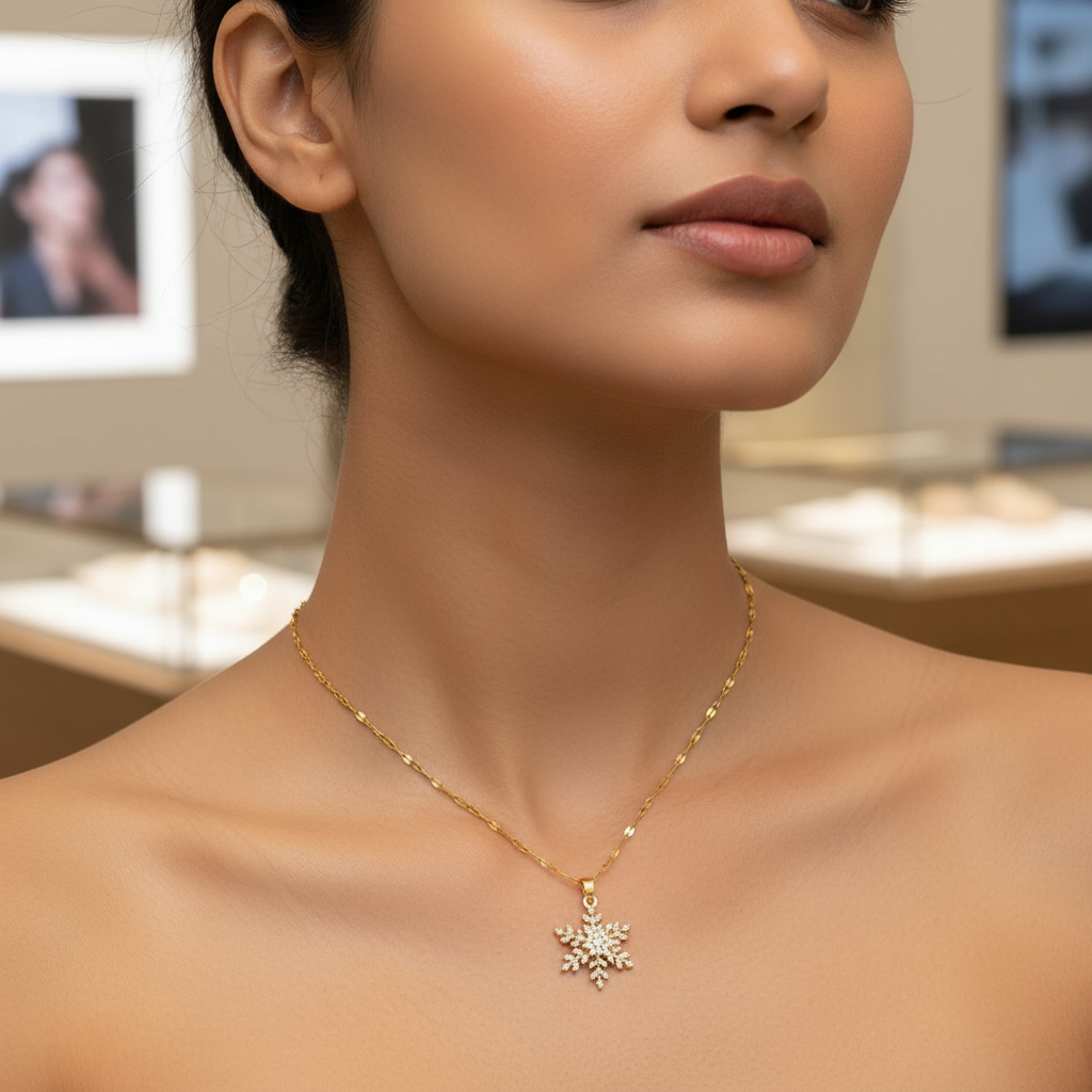 Non-Tarnish Gold Snowflake Pendant Necklace for Women – Sparkling Diamond-Cut Fashion Jewellery
