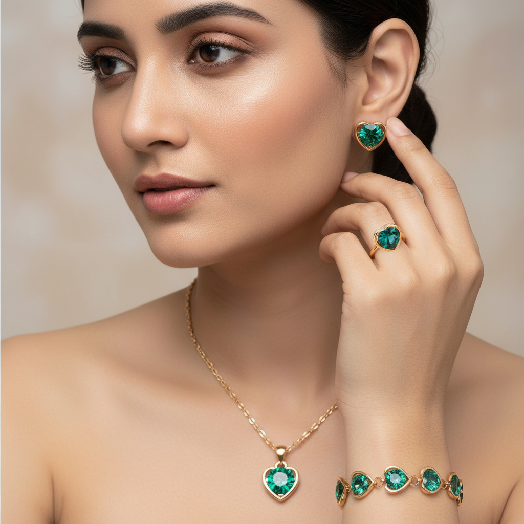 Gold Plated Green Heart Stone Jewelry Set for Women – Necklace, Bracelet, Ring & Earrings