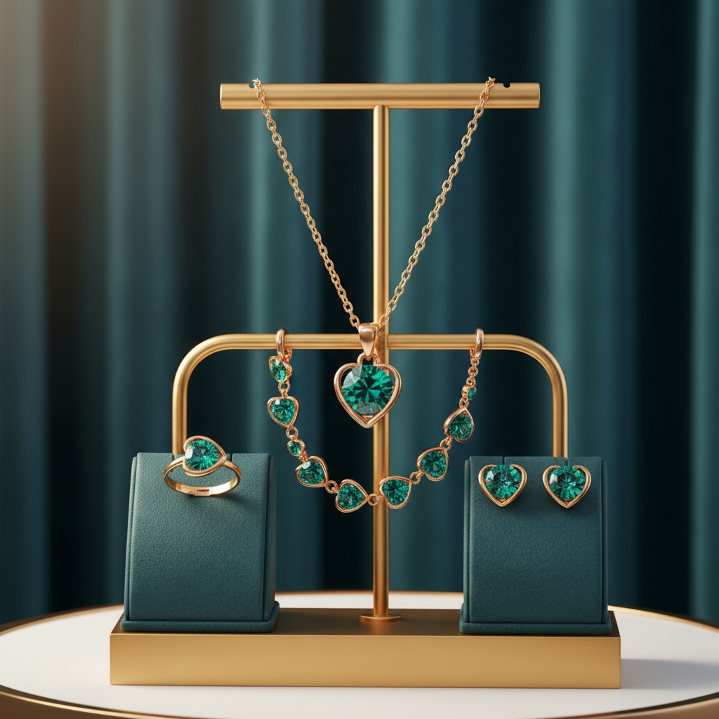 Gold Plated Green Heart Stone Jewelry Set for Women – Necklace, Bracelet, Ring & Earrings