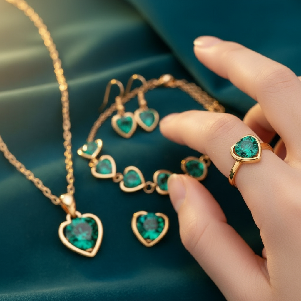 Gold Plated Green Heart Stone Jewelry Set for Women – Necklace, Bracelet, Ring & Earrings
