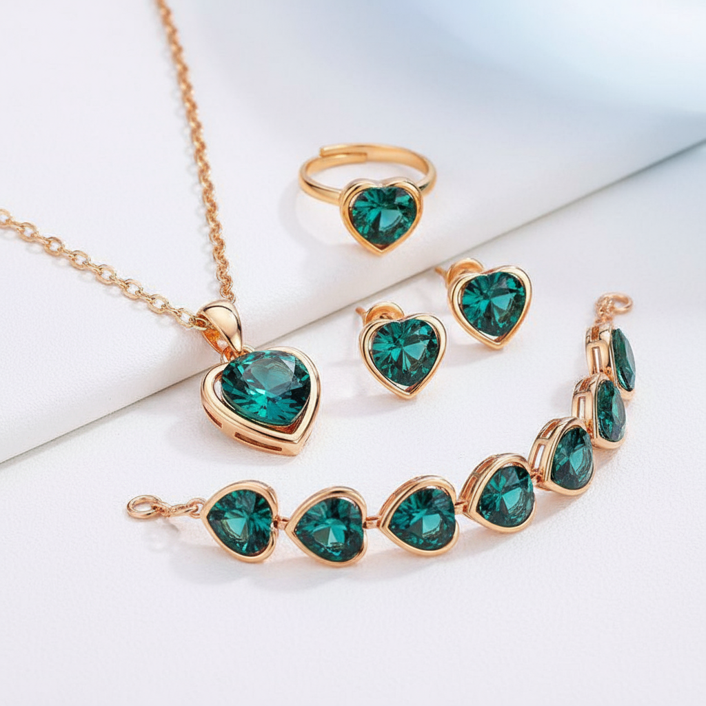 Gold Plated Green Heart Stone Jewelry Set for Women – Necklace, Bracelet, Ring & Earrings