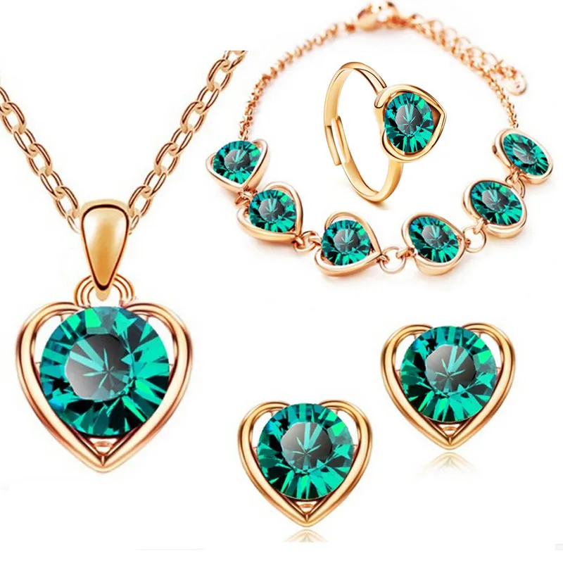 Gold Plated Green Heart Stone Jewelry Set for Women – Necklace, Bracelet, Ring & Earrings