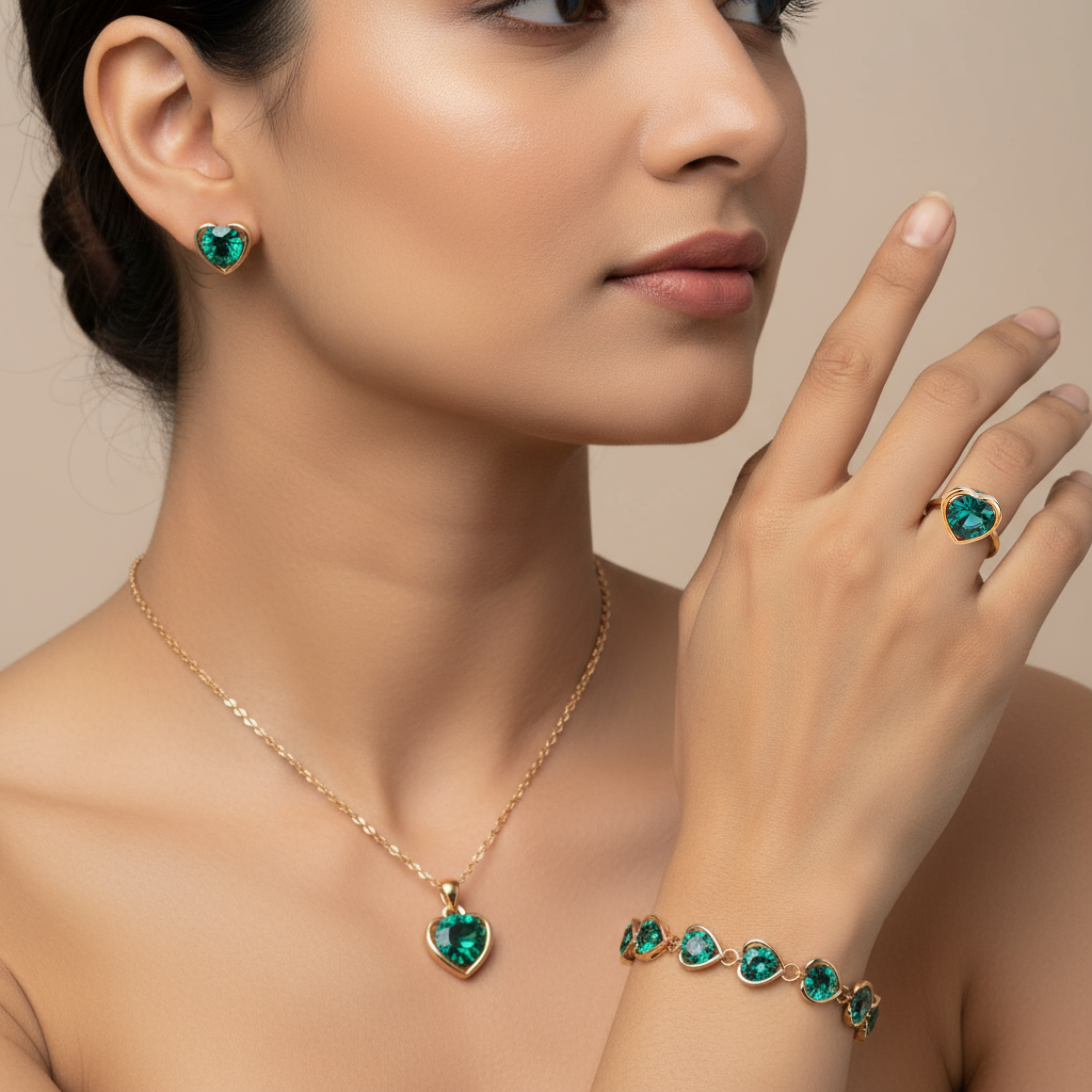 Gold Plated Green Heart Stone Jewelry Set for Women – Necklace, Bracelet, Ring & Earrings