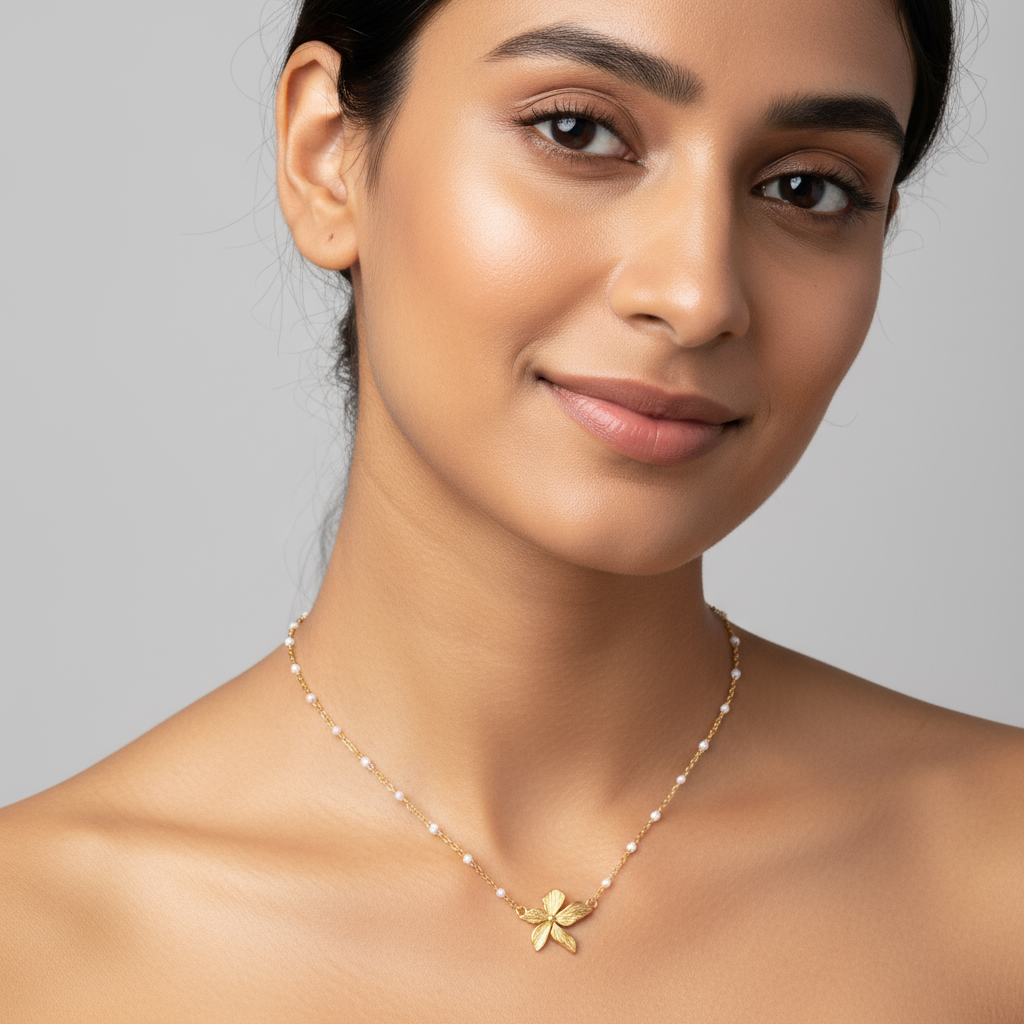 Non-Tarnish 18k Gold Plated Stainless Steel Floral Necklace – Waterproof & Hypoallergenic Designer Chain for Women