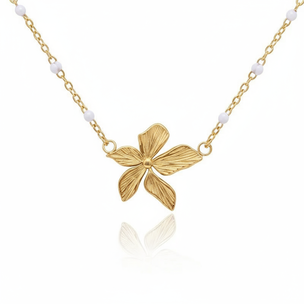 Non-Tarnish 18k Gold Plated Stainless Steel Floral Necklace – Waterproof & Hypoallergenic Designer Chain for Women