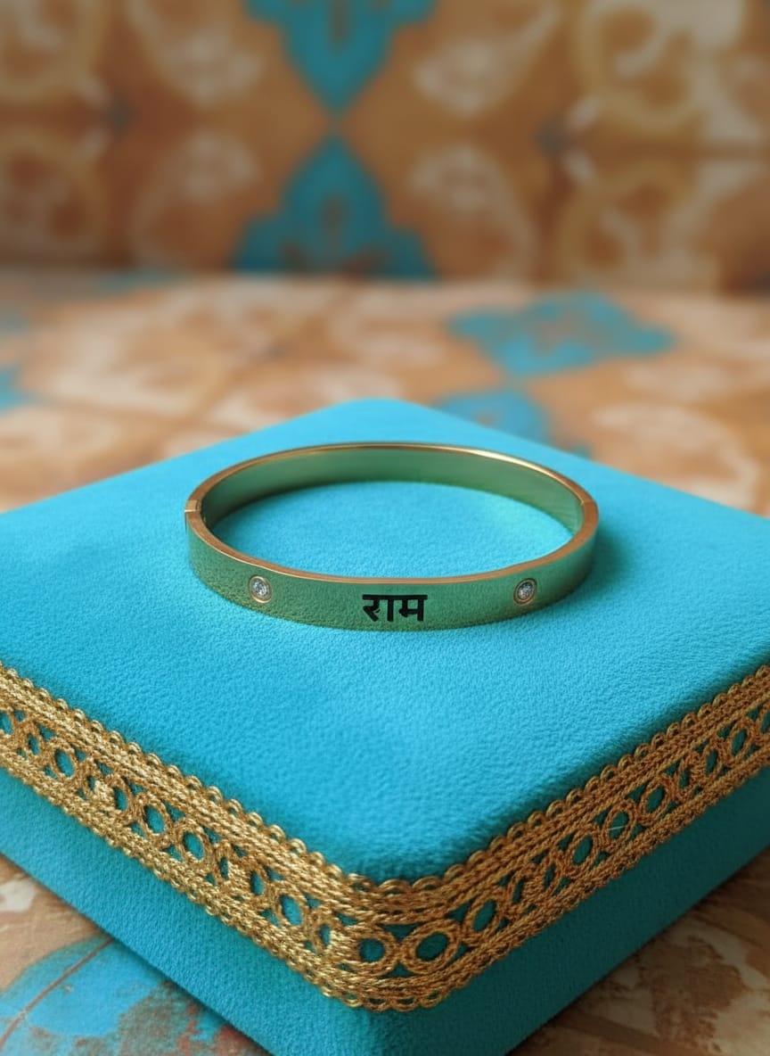 Non-Tarnish 18k Gold Plated Stainless Steel राम Engraved Kada Bracelet with CZ Stones