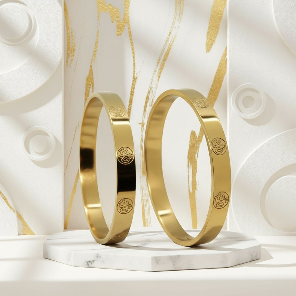 Gold Plated Non-Tarnish Stainless Steel OM Kada Bangle – Unisex Spiritual Designer Bracelet