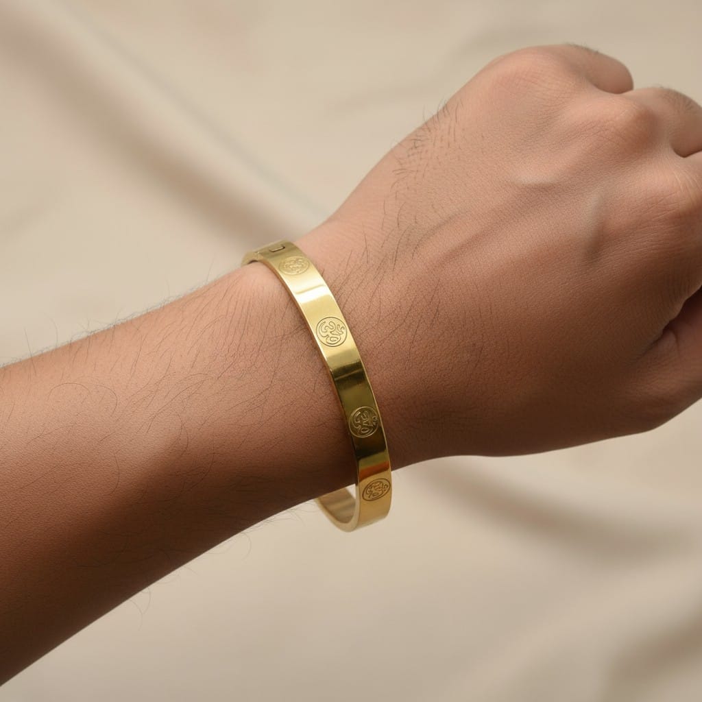 Gold Plated Non-Tarnish Stainless Steel OM Kada Bangle – Unisex Spiritual Designer Bracelet