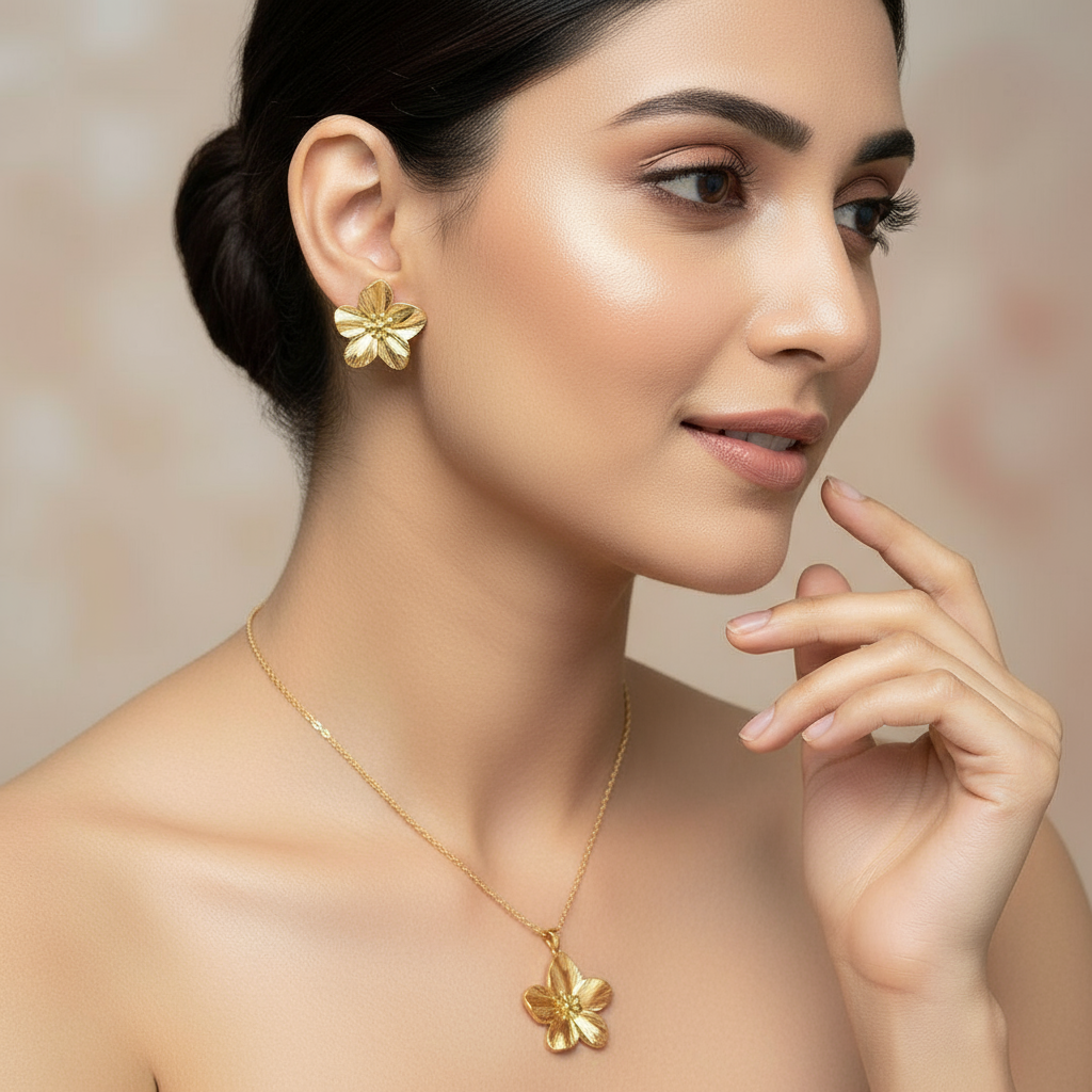 Gold Plated Floral Pendant Set – Non Tarnish, Elegant Finish
