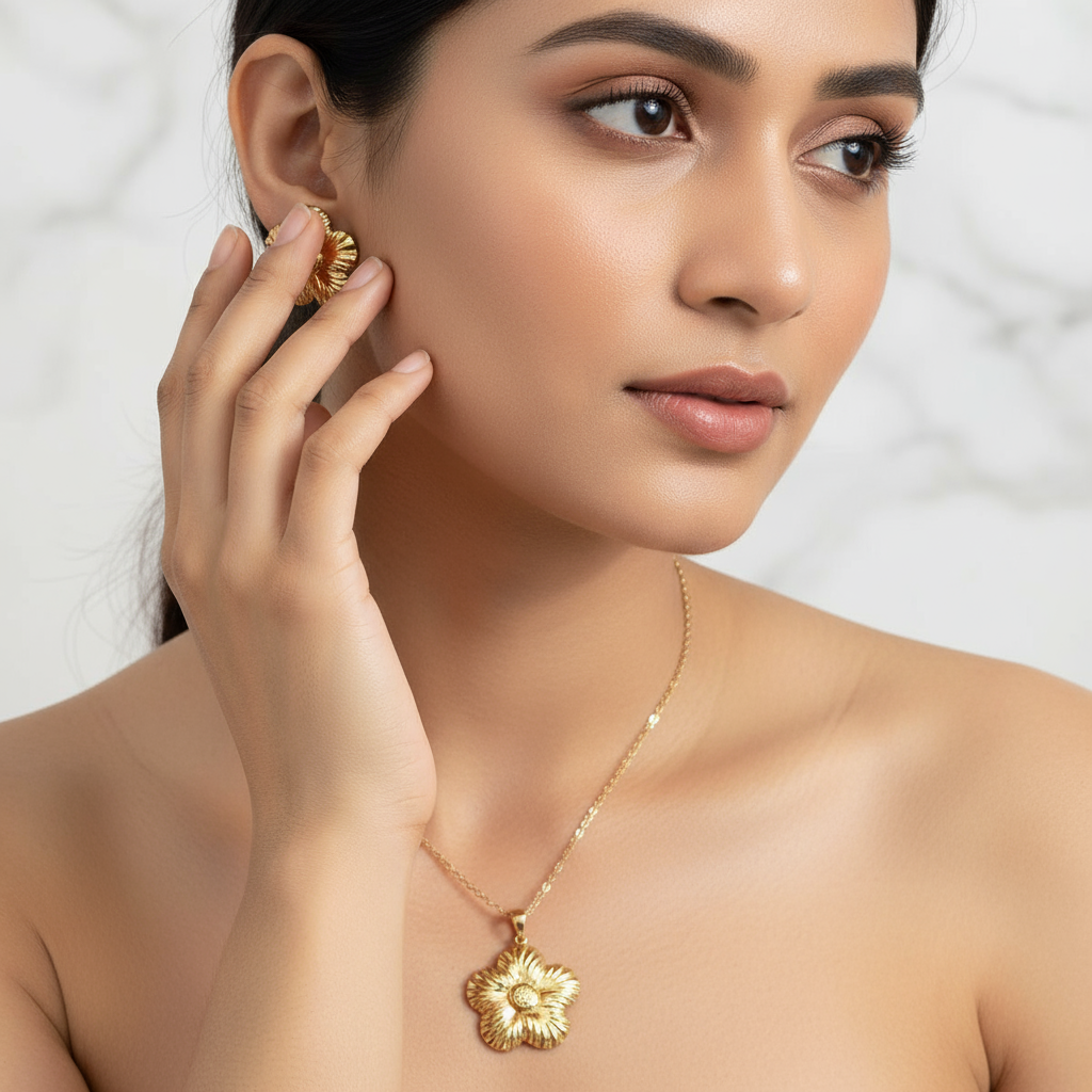 Daisy Necklace & Earrings Set –Gold Plated  Non Tarnish Finish