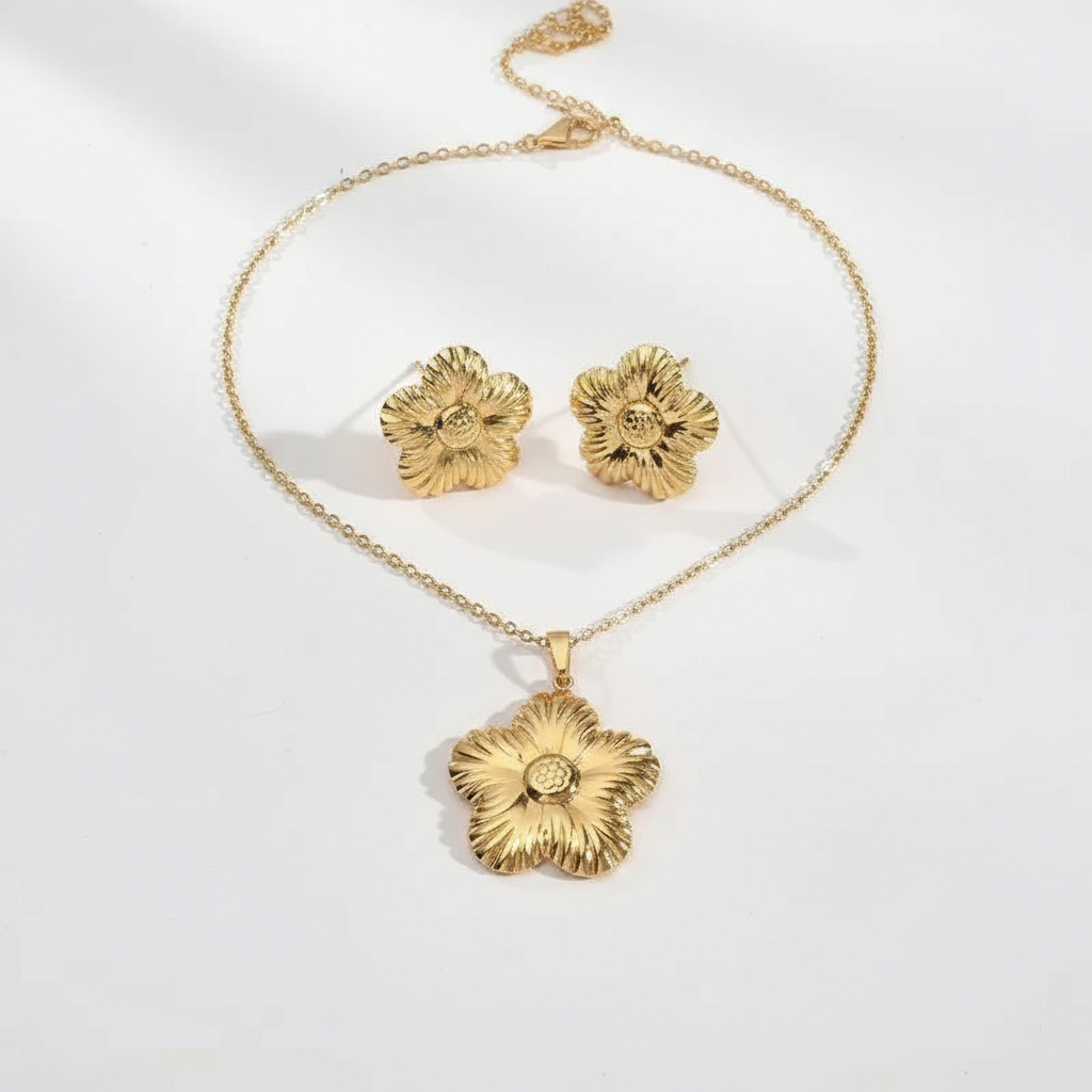 Daisy Necklace & Earrings Set –Gold Plated  Non Tarnish Finish