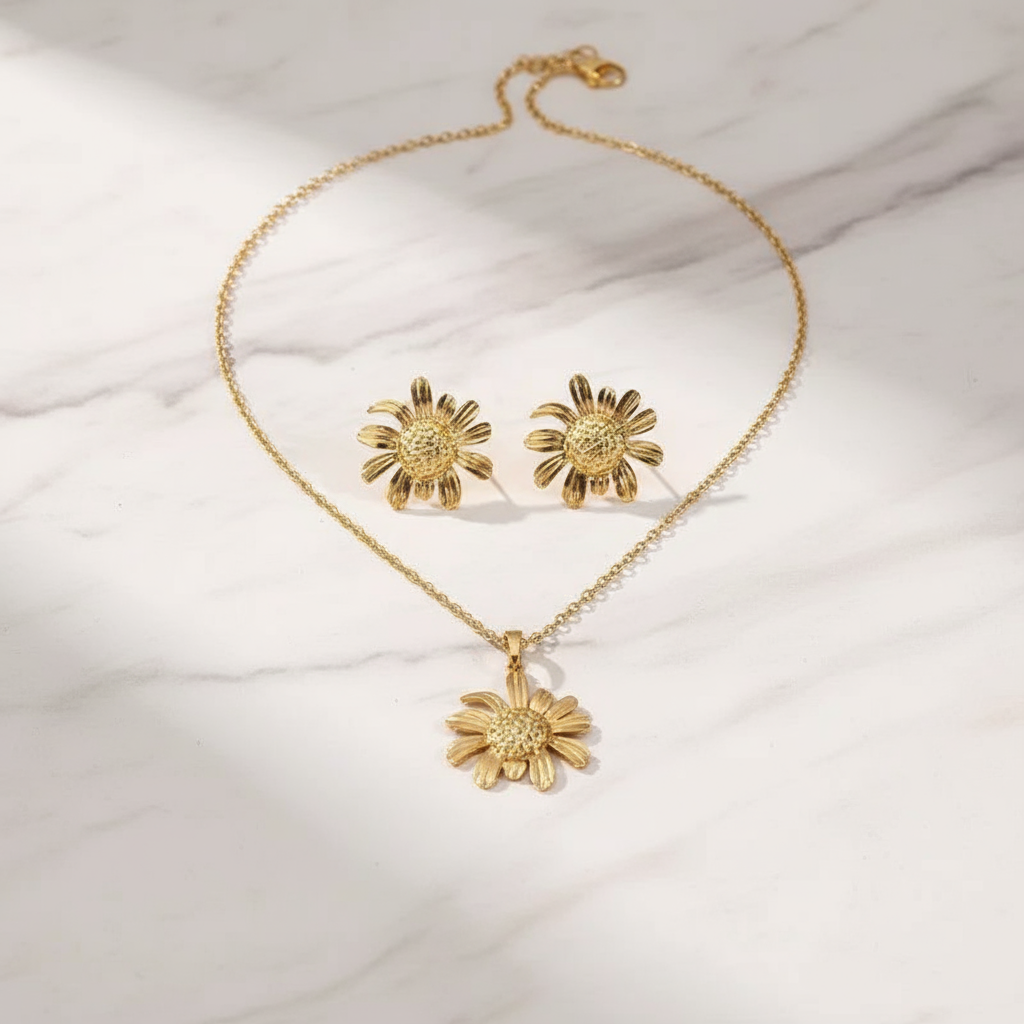Gold Plated Daisy Pendant Necklace & Earrings Set – Non Tarnish, Designer Finish