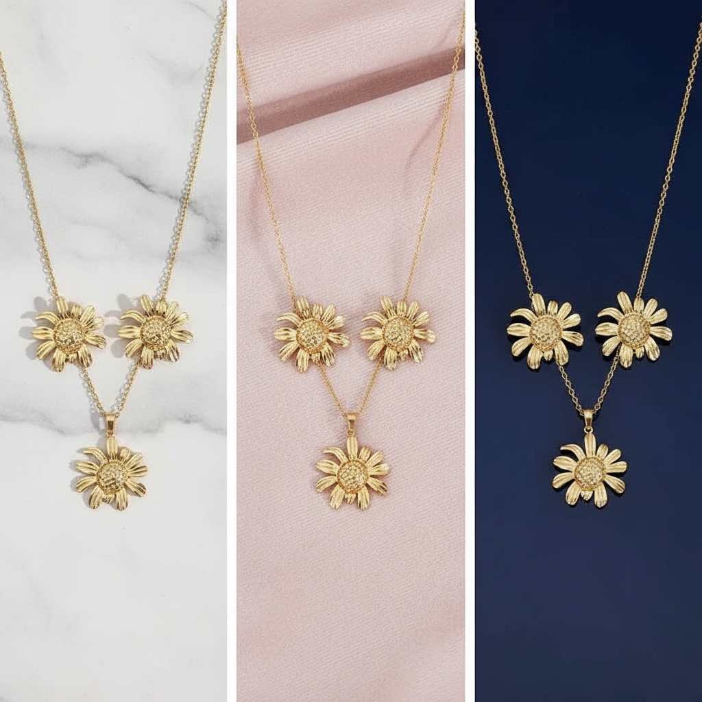 Gold Plated Daisy Pendant Necklace & Earrings Set – Non Tarnish, Designer Finish