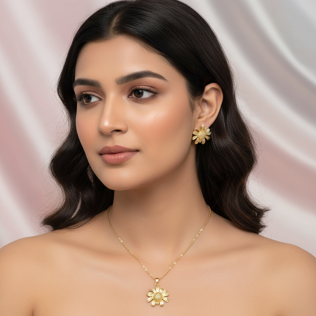 Gold Plated Daisy Pendant Necklace & Earrings Set – Non Tarnish, Designer Finish
