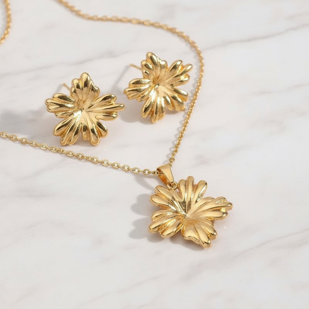 Daisy Pendant Necklace & Earrings Set – Non Tarnish Gold plated, Designer Finish