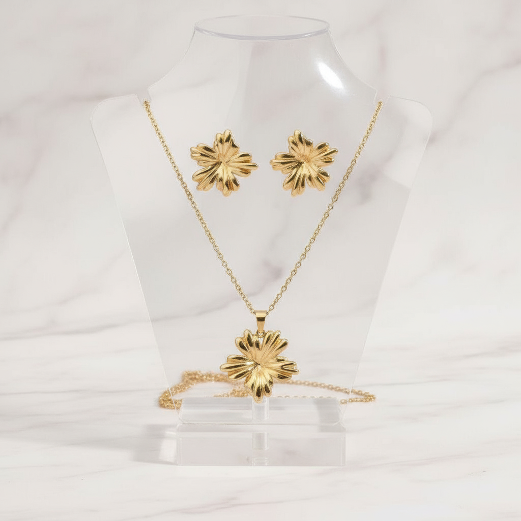 Daisy Pendant Necklace & Earrings Set – Non Tarnish Gold plated, Designer Finish