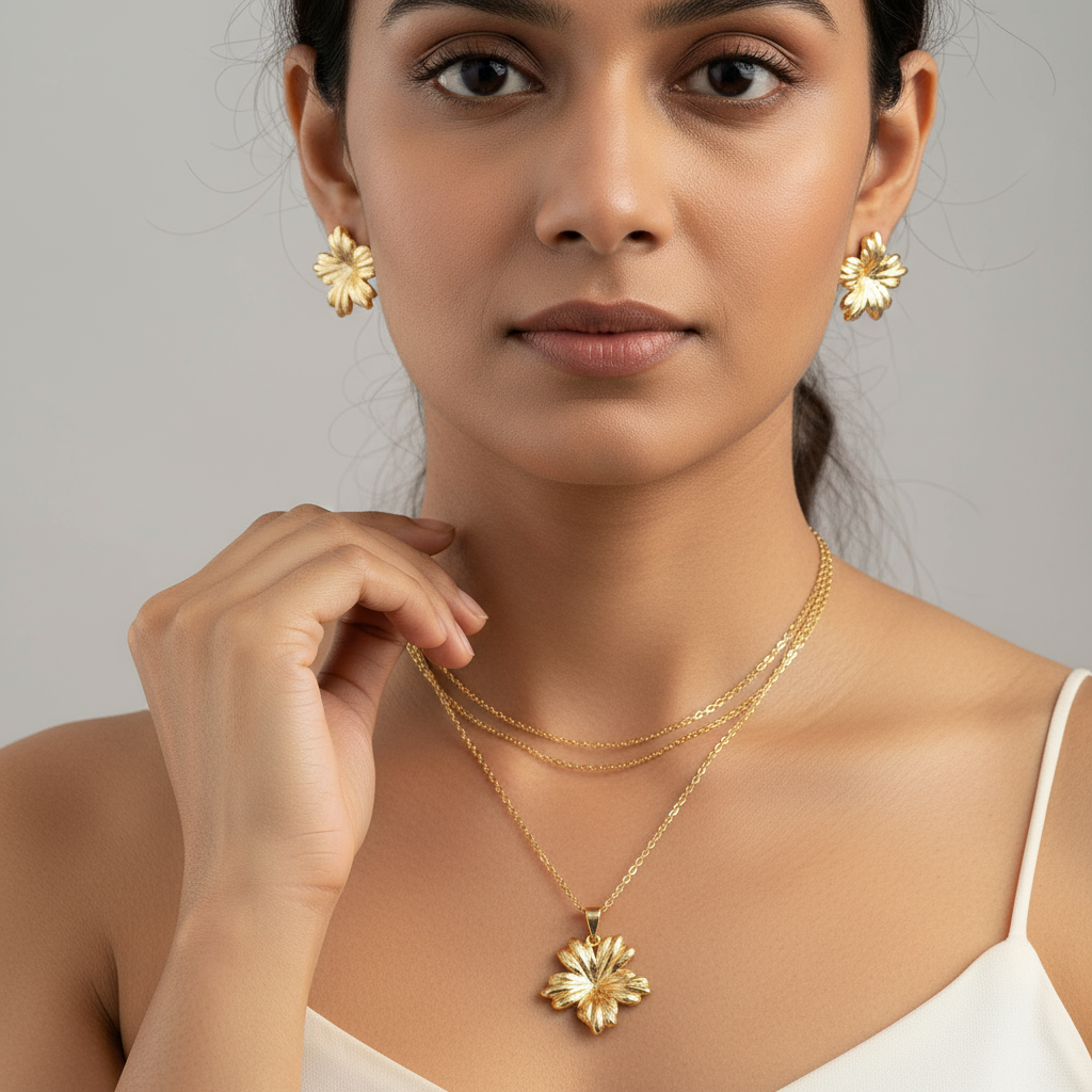 Daisy Pendant Necklace & Earrings Set – Non Tarnish Gold plated, Designer Finish