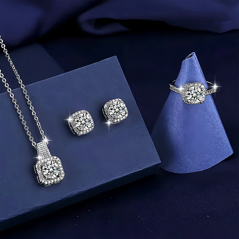 Sparkling Artificial Diamond Jewelry Set – Necklace, Earrings & Ring for Women"
