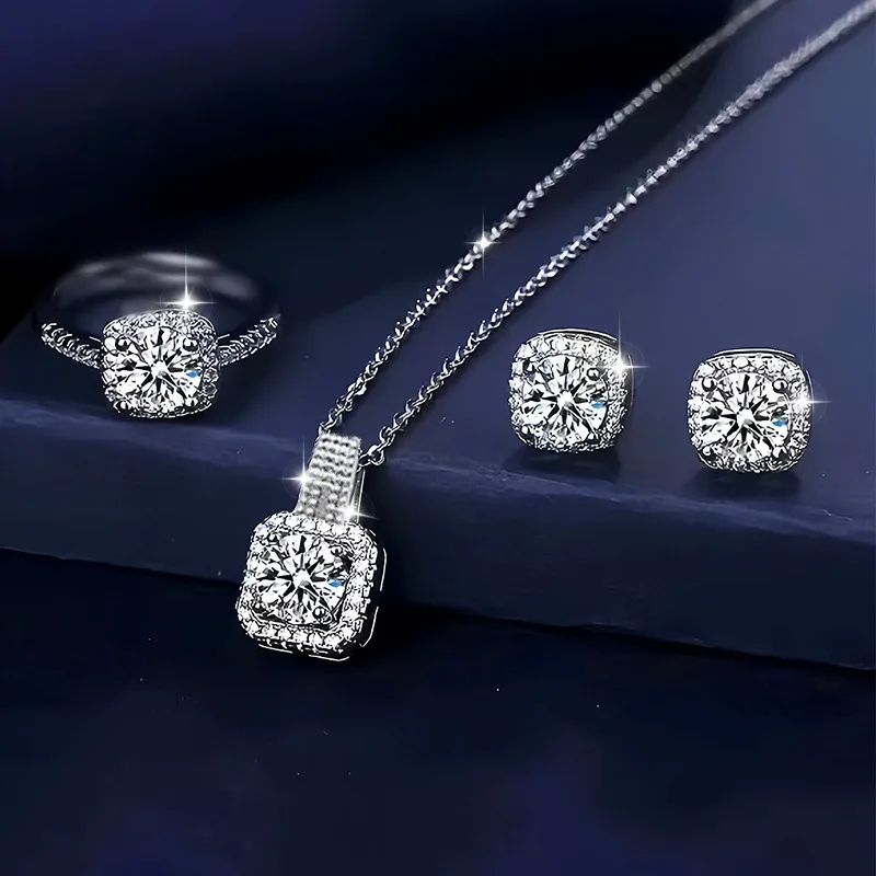 Sparkling Artificial Diamond Jewelry Set – Necklace, Earrings & Ring for Women"