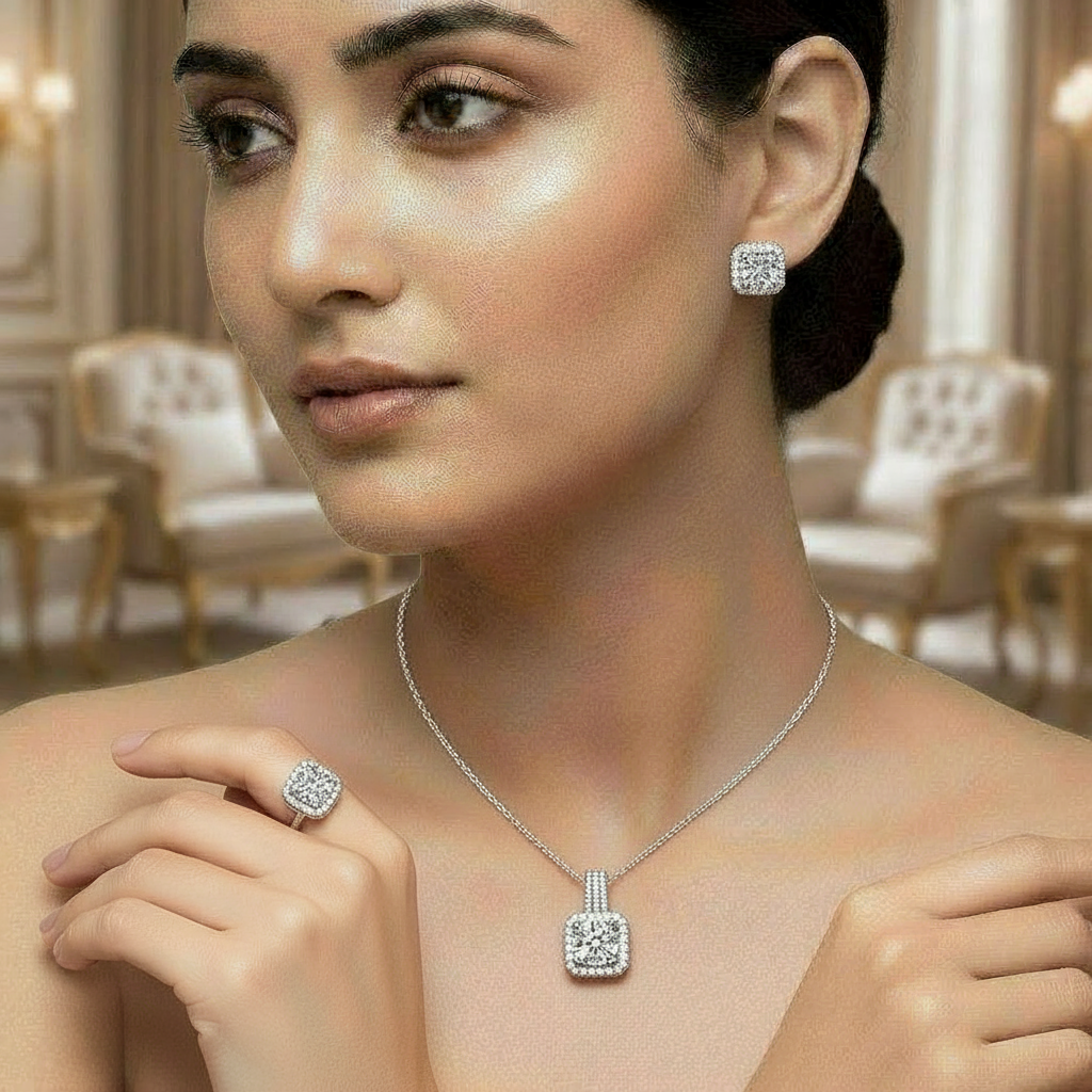 Sparkling Artificial Diamond Jewelry Set – Necklace, Earrings & Ring for Women"