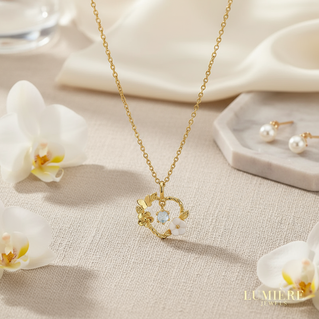 Elegant Floral Gold Pendant Necklace with Gemstone Accent  Anti-Tarnish