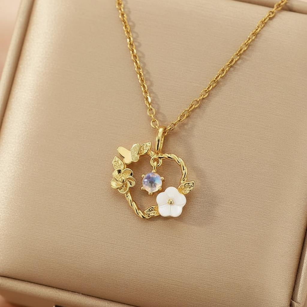 Elegant Floral Gold Pendant Necklace with Gemstone Accent  Anti-Tarnish