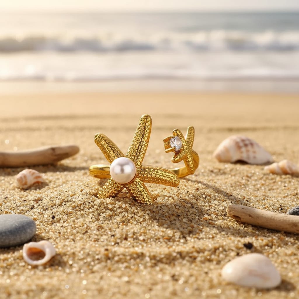 Gold Plated Starfish Pearl Ring – Anti-Tarnished Finish