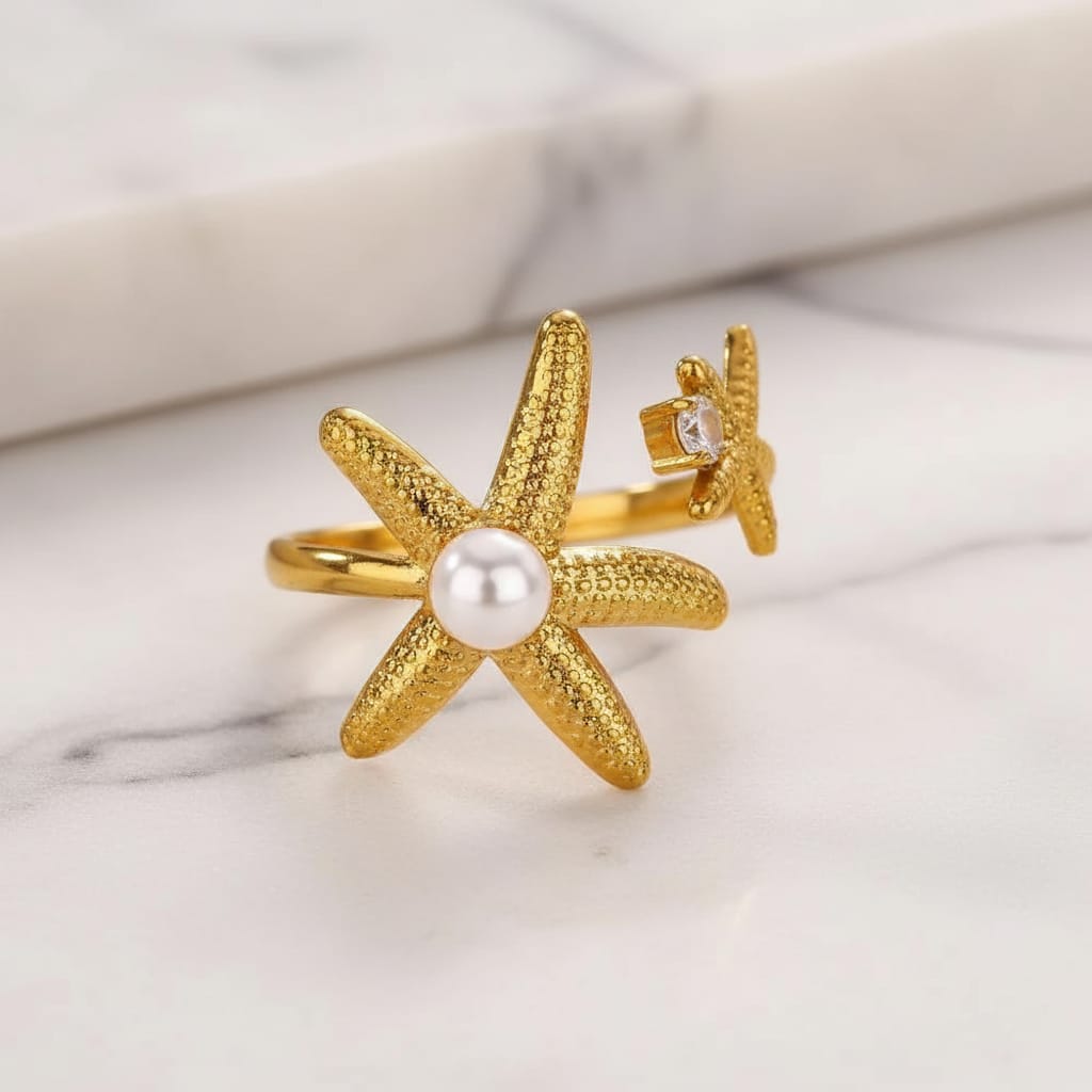 Gold Plated Starfish Pearl Ring – Anti-Tarnished Finish
