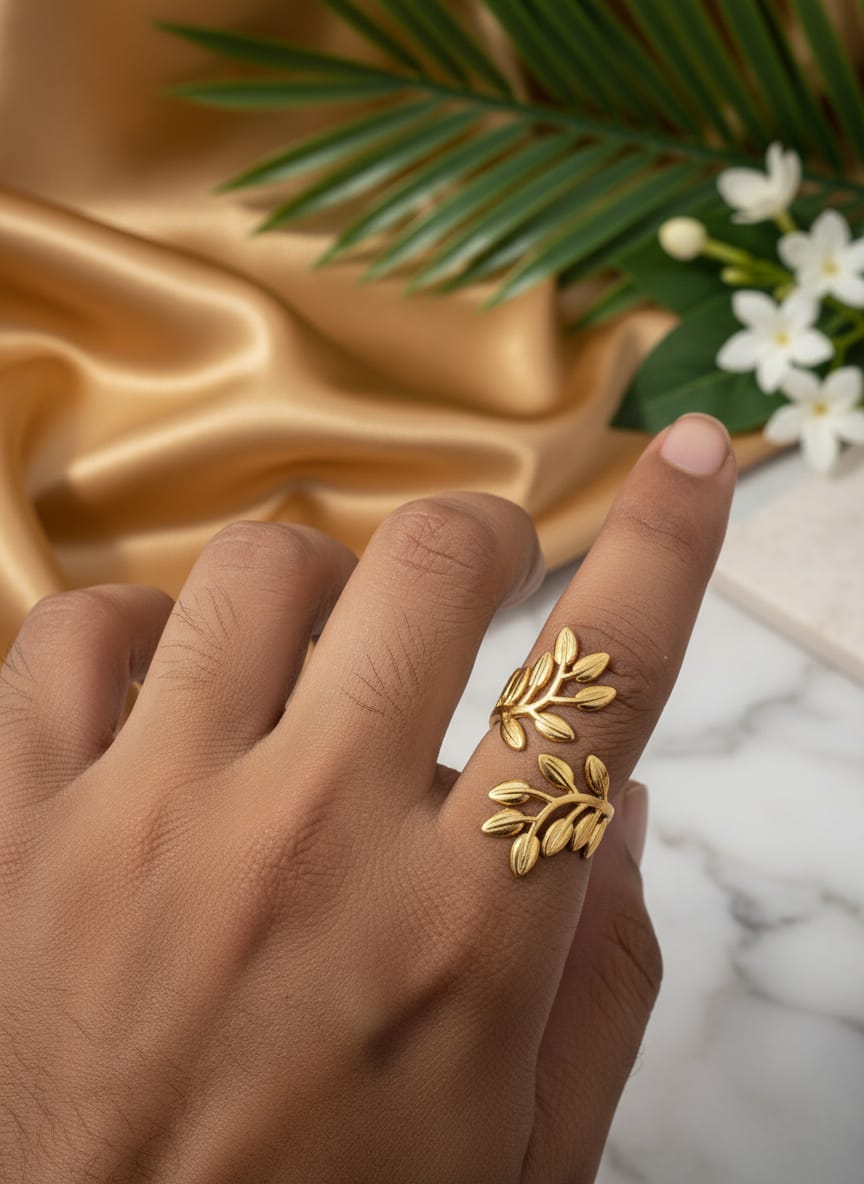 Elegant Gold Plated Leaf Design Adjustable Ring