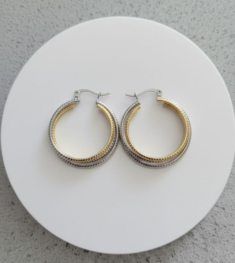 Stainless Steel Gold Plated Anti-Tarnish  dual-tone round hoop Ear Studs