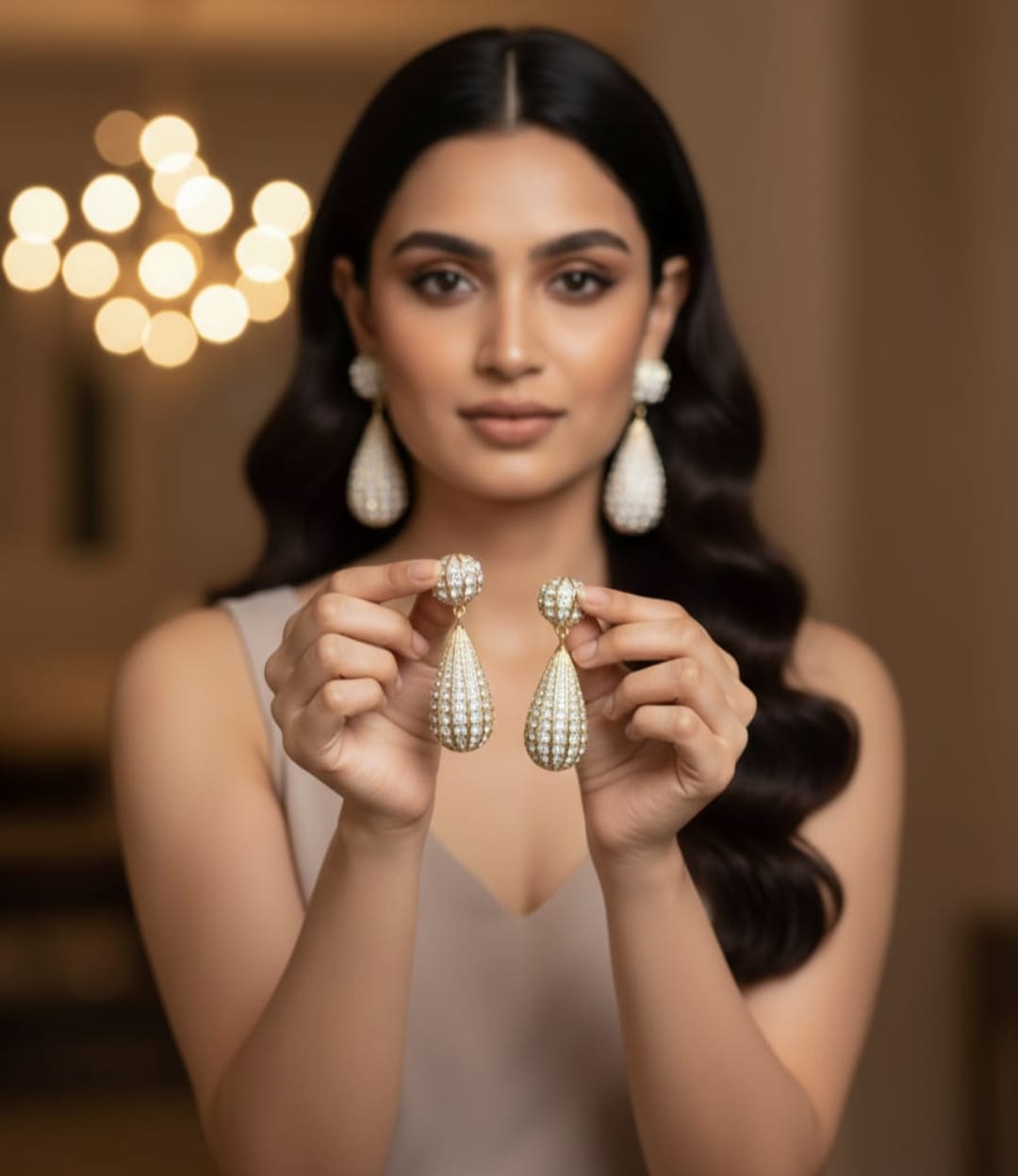 Shiny Water Drop Inlay Gold-Tone Zircon Drop Earrings