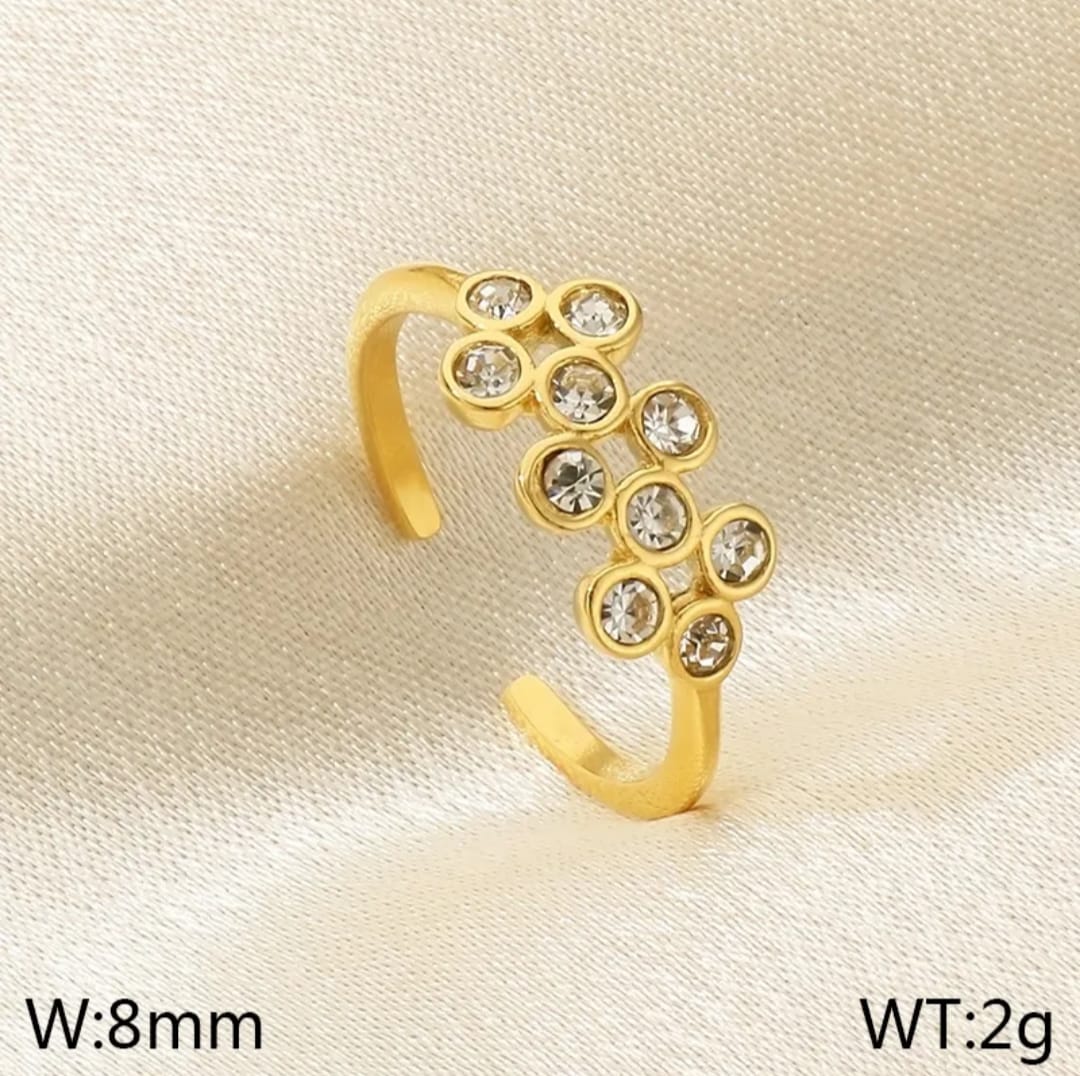 Crystal Floral Adjustable 18K Gold Plated Anti-Tarnish Open Ring (Width: 8mm, Weight: 2g