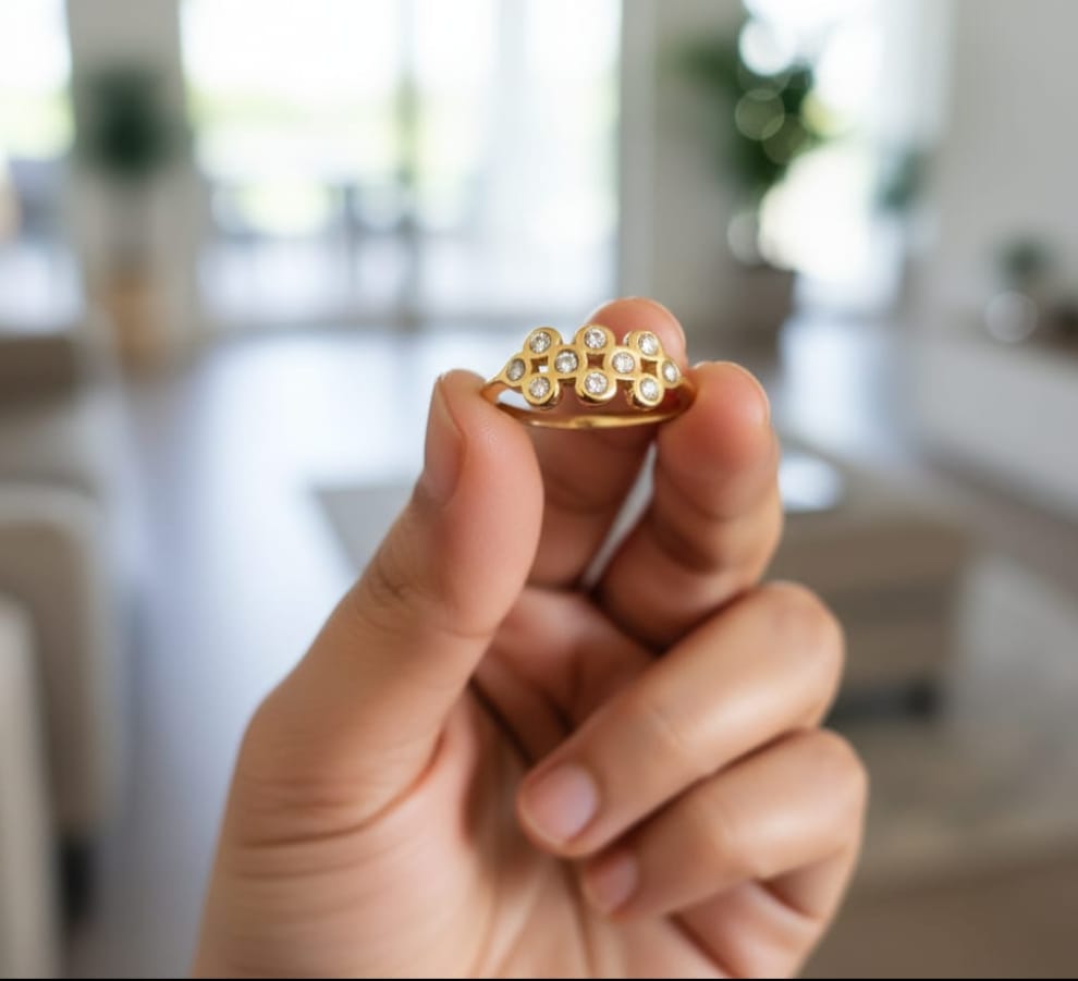 Crystal Floral Adjustable 18K Gold Plated Anti-Tarnish Open Ring (Width: 8mm, Weight: 2g