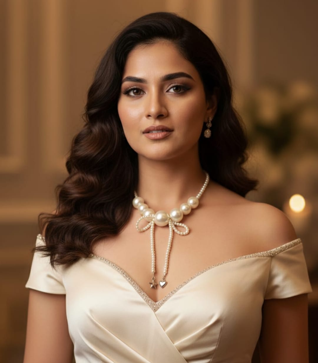 Elegant Pearl Bow Necklace with Star & Heart Charm