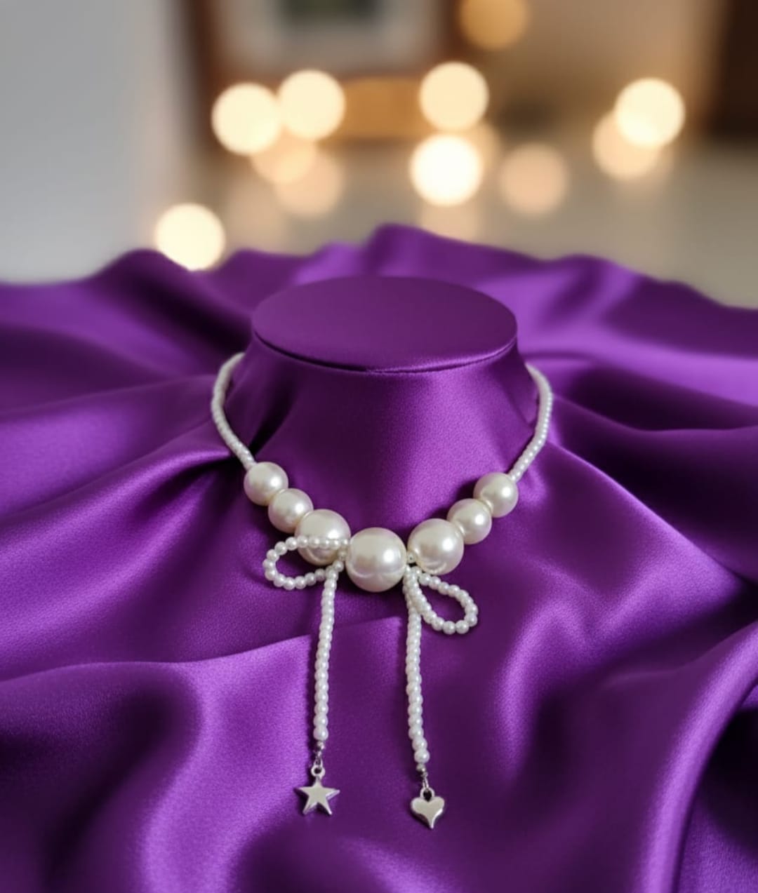 Elegant Pearl Bow Necklace with Star & Heart Charm