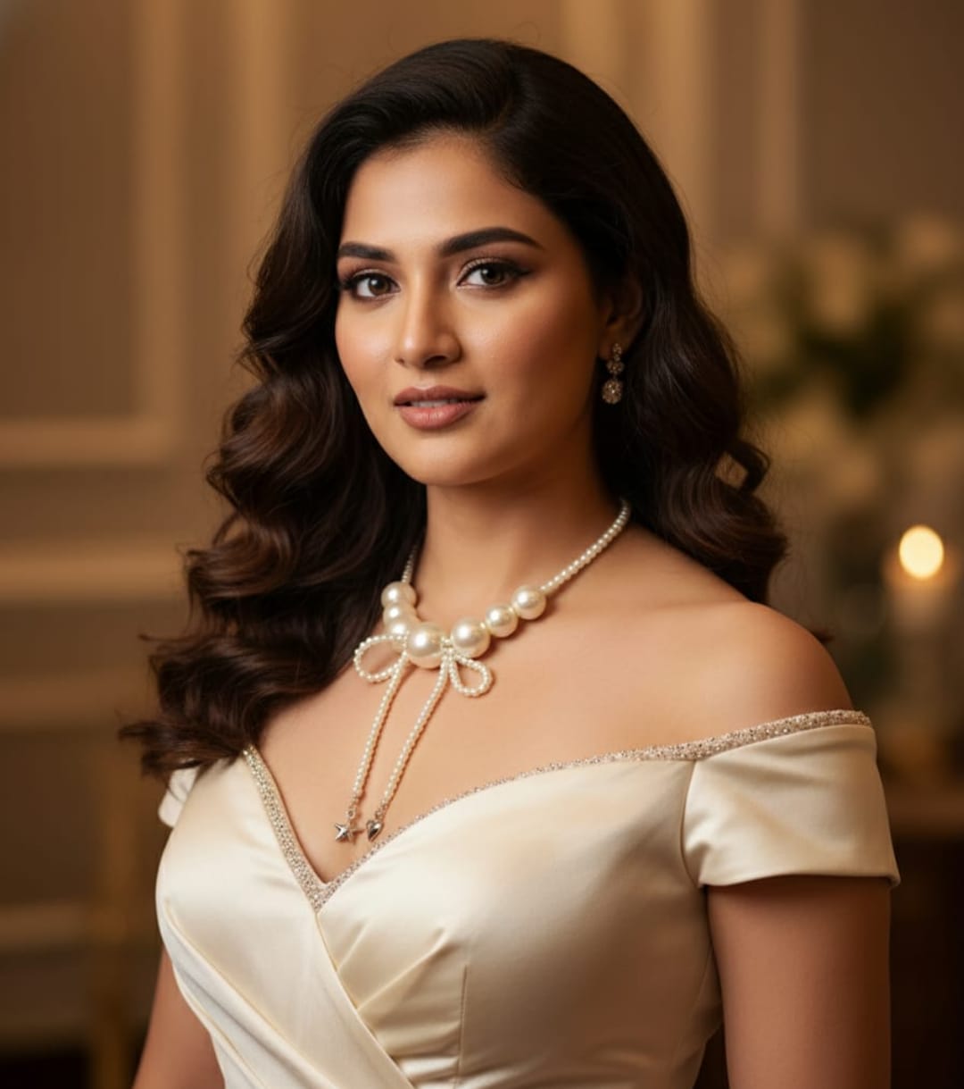 Elegant Pearl Bow Necklace with Star & Heart Charm