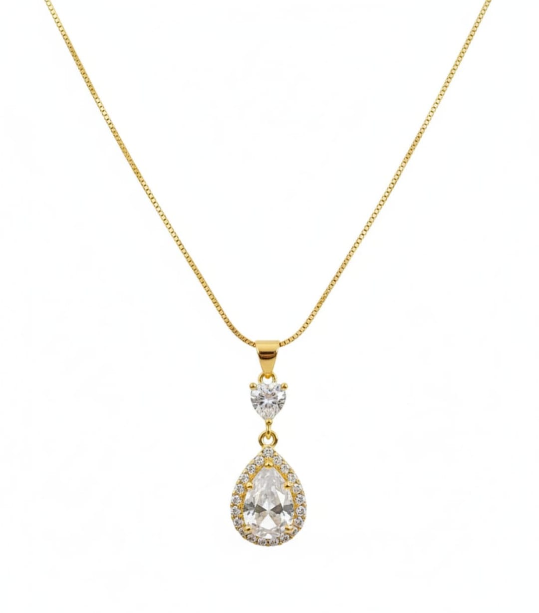 Water Drop Gold Plated Zircon Pendant Necklace – Box Chain, Copper Polished Finish
