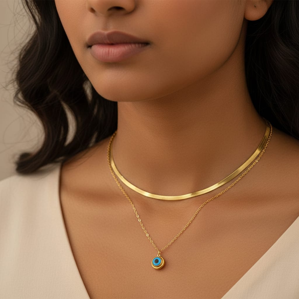 Anti-Tarnish Evil Eye Two Layer Gold Necklace for Women