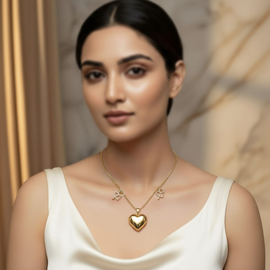 Anti-Tarnish Gold Heart Pendant Necklace for Women – Crystal Double Heart Chain Design"