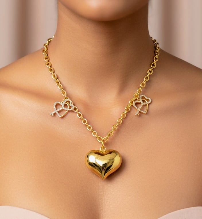 Anti-Tarnish Gold Heart Pendant Necklace for Women – Crystal Double Heart Chain Design"