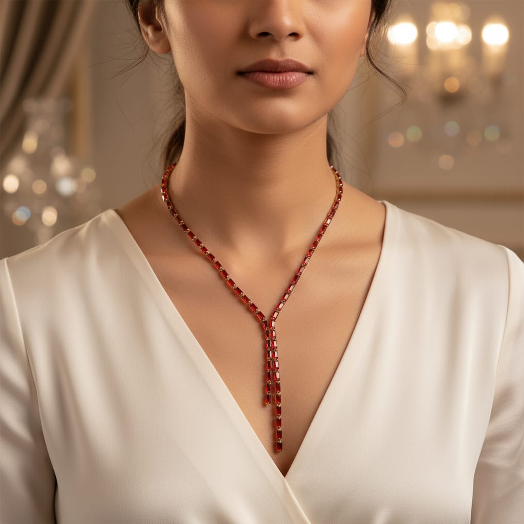 Red Glass Stone Y-Necklace – Titanium Steel Elegant Choker for Women