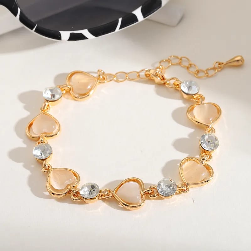 Gold Plated Heart & Zircon Cat’s Eye Stone Bracelet – Cute Sweet Women's Jewelry