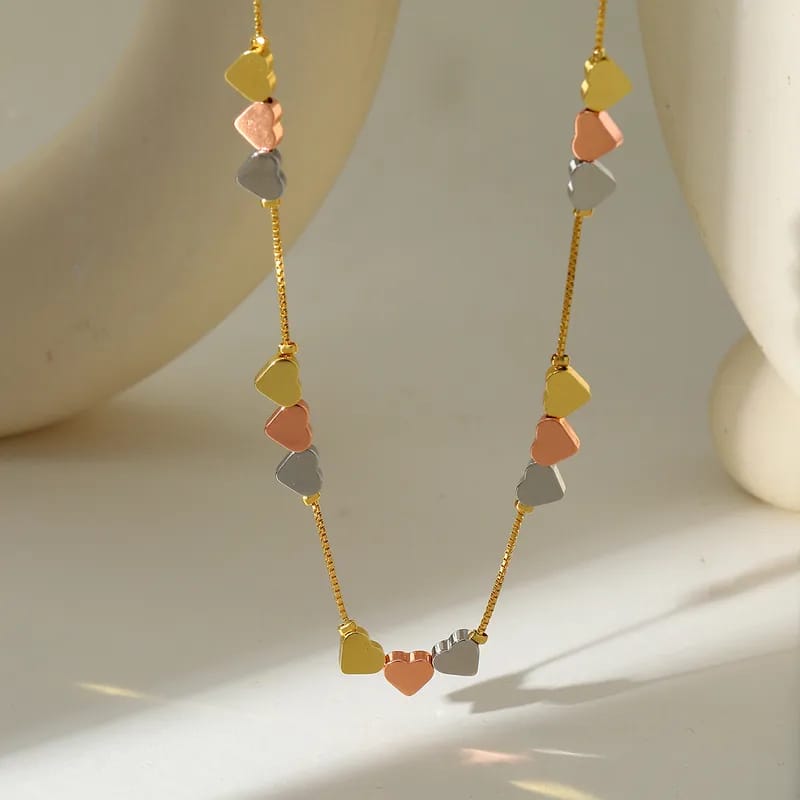 Heart Shape Copper 18K Gold Plated Box Chain Multi Charms Necklace