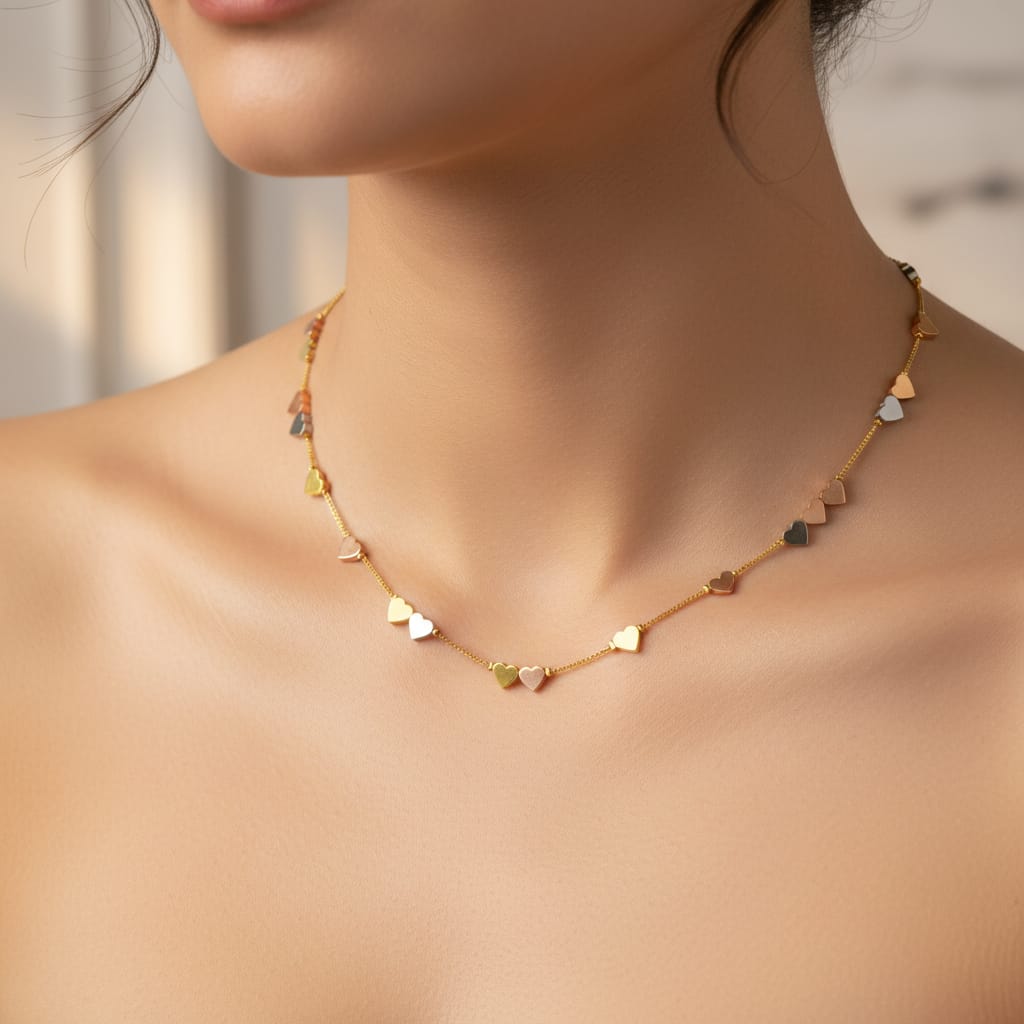 Heart Shape Copper 18K Gold Plated Box Chain Multi Charms Necklace