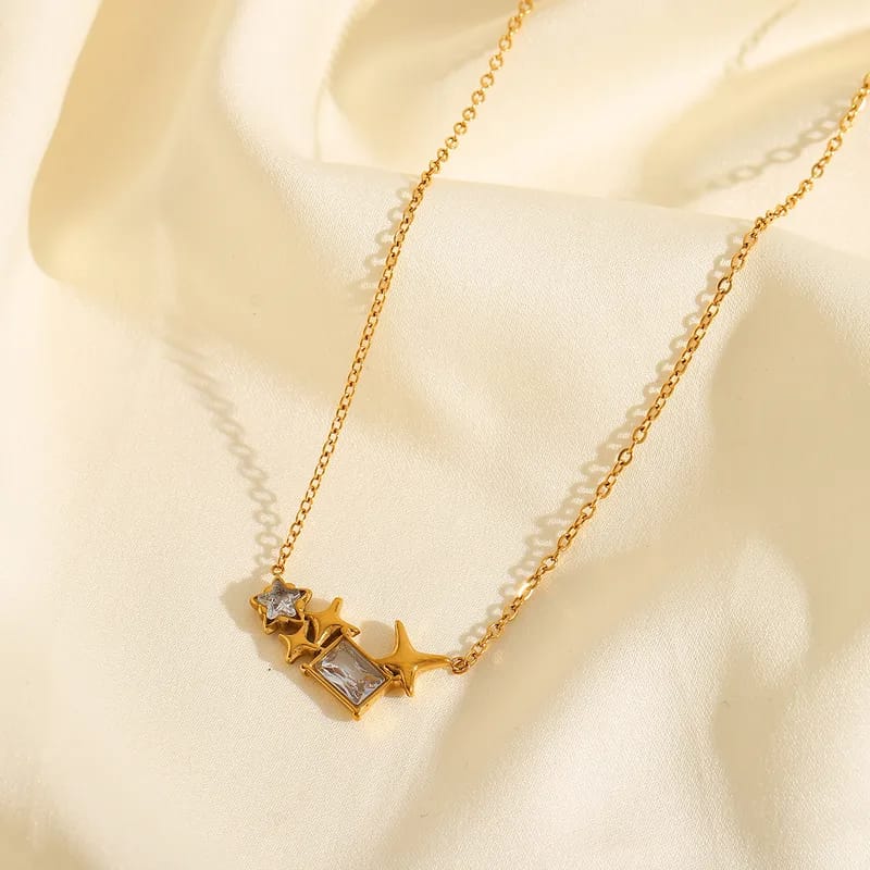 Pentagram Star Rectangle 304 Stainless Steel Zircon 18K Gold Plated Plating Inlay Cable Chain Pendant Necklace